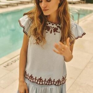 Cartolina Cora Top Embroidered Eyelet Flutter Sleeve Linen/Cotton Top Size Large